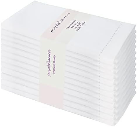PurpleEssences 12 Pack Hemstitch Cloth Napkins 18x18 White 100 Cotton