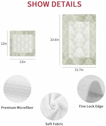 Sage Green Damask Hand Towels Set 4 Piece