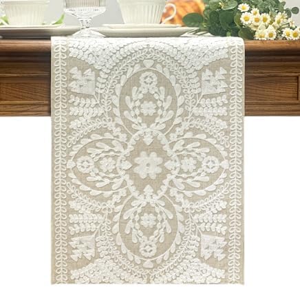 KEVA Boho Table Runner 72 inches Rustic Farmhouse Linen with Embroidered Design