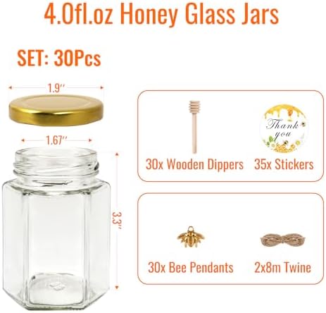 Bigivaca 4 oz Glass Honey Jars with ejected caps 30 pack