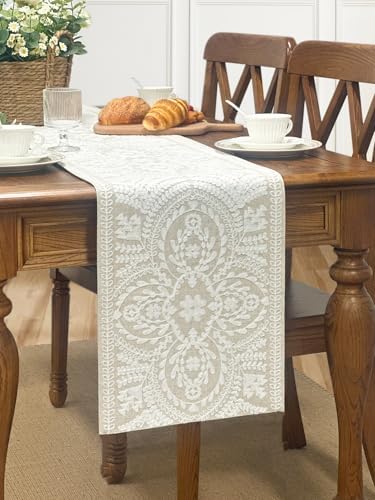 KEVA Boho Table Runner 72 inches Rustic Farmhouse Linen with Embroidered Design