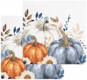 HABTUCYOrange Blue White Pumpkins Dish Towel Set Waffle Weave 2-Piece