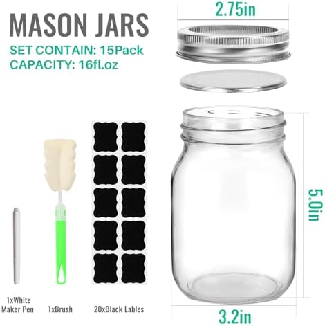 16oz Glass Mason Jars Set Eco-Friendly with Bands 15 Pack