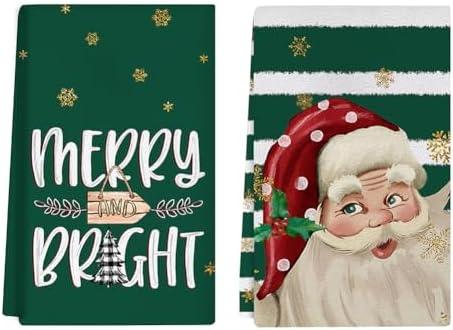 Nostalgic Christmas Kitchen Towels Set of 2 Green Xmas Dish Hand Towels