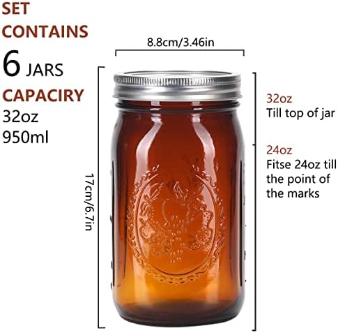 Eleganttime Amber Glass Mason Jars 32 oz Wide Mouth 6-Pack