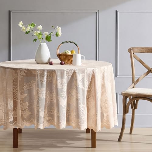 HLCME Butterfly Floral Lace Tablecloth 36 Round Linen Taupe