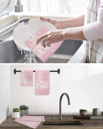 Set of Kitchen Waffle Weave Towels for Christmas with Tree Print