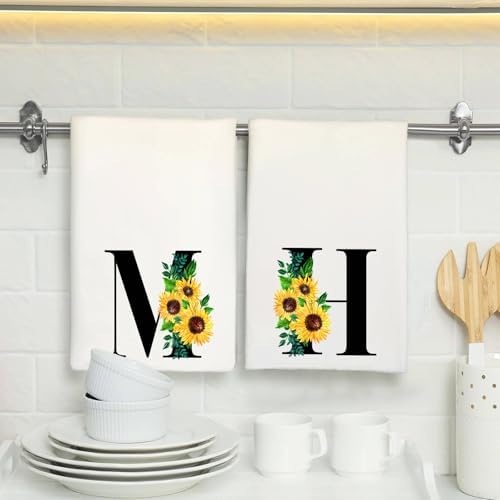 Monogrammed Sunflower Hand Towels Personalized Initial Kitchen Gifts for Women