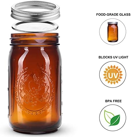 Eleganttime Amber Glass Mason Jars 32 oz Wide Mouth 6-Pack