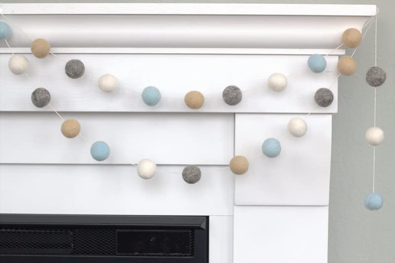 Ice Blue Almond Gray White Felt Ball Garland - 6ft - Table Runner