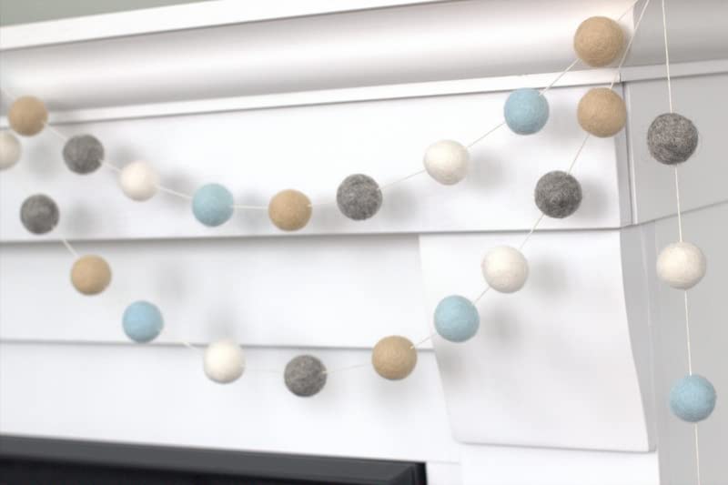 Ice Blue Almond Gray White Felt Ball Garland - 6ft - Table Runner