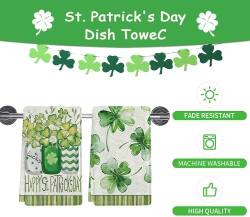 St Patricks Day Kitchen Dish Towels Set of 2 Four-Leaf Clover Design