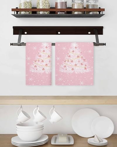 Set of Kitchen Waffle Weave Towels for Christmas with Tree Print