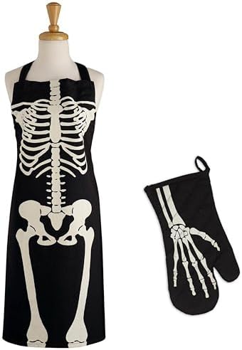 Dreadful Delights Halloween Cooking Apron Oven Mitt Set Skeleton 2 Piece