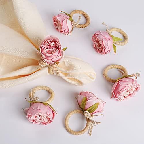 FEKIDO Handcraft Flower Napkin Rings Set of 6 Pink Peony