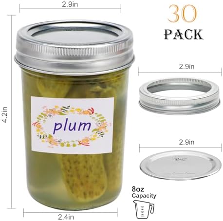 Mason Jars 8 oz Set of 30 Regular Mouth Airtight Lids BPA Free