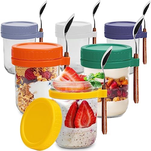 6-Piece Glass Overnight Oats Vessel Set with Lid and Spoon Holder