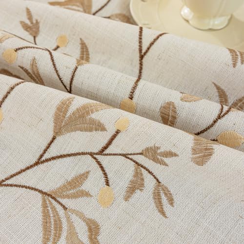 55x 120 Rustic Waterproof Linen Tablecloth - Heavy Weight Beige with Coffee Leaves Embroidery