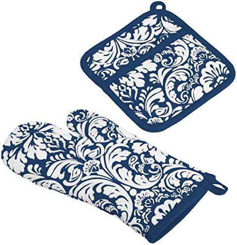 DII Quilted Kitchen Oven Mitt Potholder Set Nautical Blue Damask Print Two-Piece