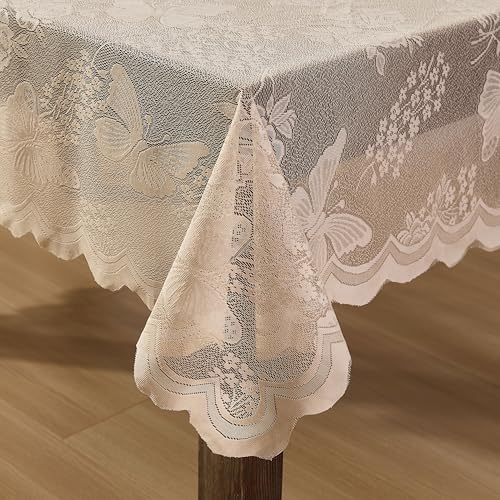 HLCME Butterfly Floral Lace Tablecloth 36 Round Linen Taupe