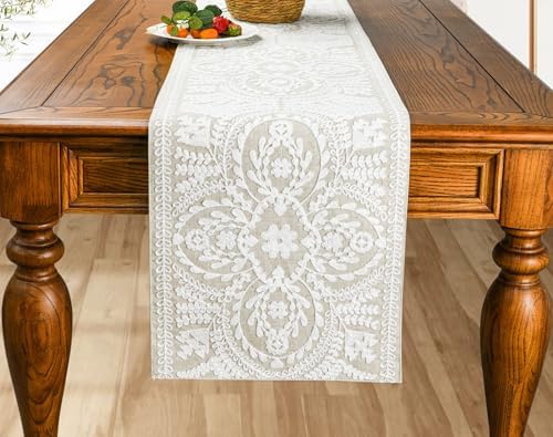 KEVA Boho Table Runner 72 inches Rustic Farmhouse Linen with Embroidered Design