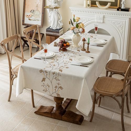 55x 120 Rustic Waterproof Linen Tablecloth - Heavy Weight Beige with Coffee Leaves Embroidery
