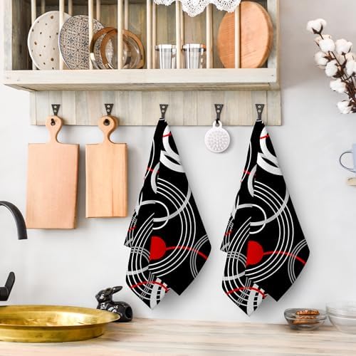 Cukemip Modern Black Red Retro Dish Towels Set of 2