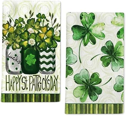 St Patricks Day Kitchen Dish Towels Set of 2 Four-Leaf Clover Design