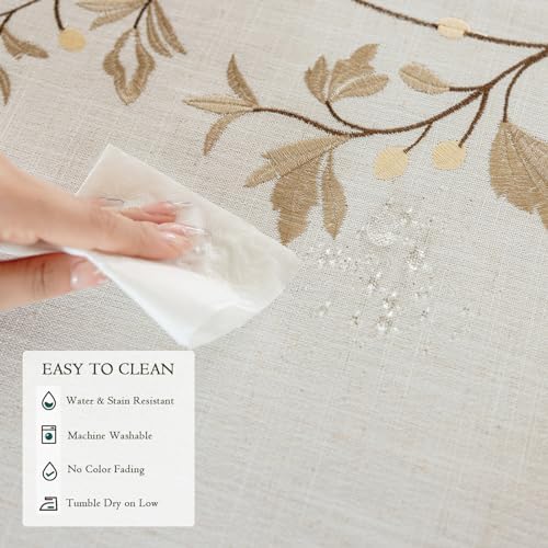 55x 120 Rustic Waterproof Linen Tablecloth - Heavy Weight Beige with Coffee Leaves Embroidery
