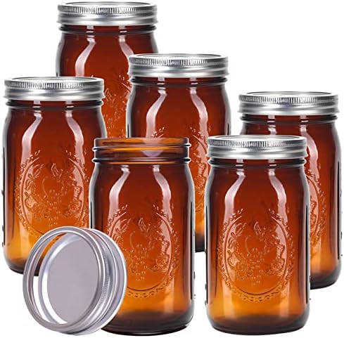Eleganttime Amber Glass Mason Jars 32 oz Wide Mouth 6-Pack