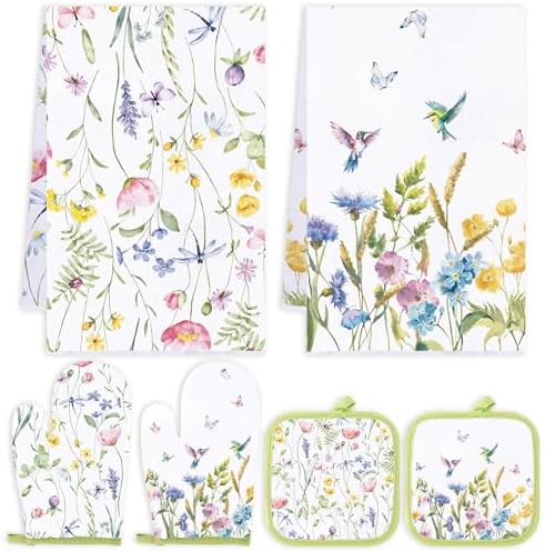 Stylish Spring Floral Kitchen Towels Pot Holders Oven Mitts Set