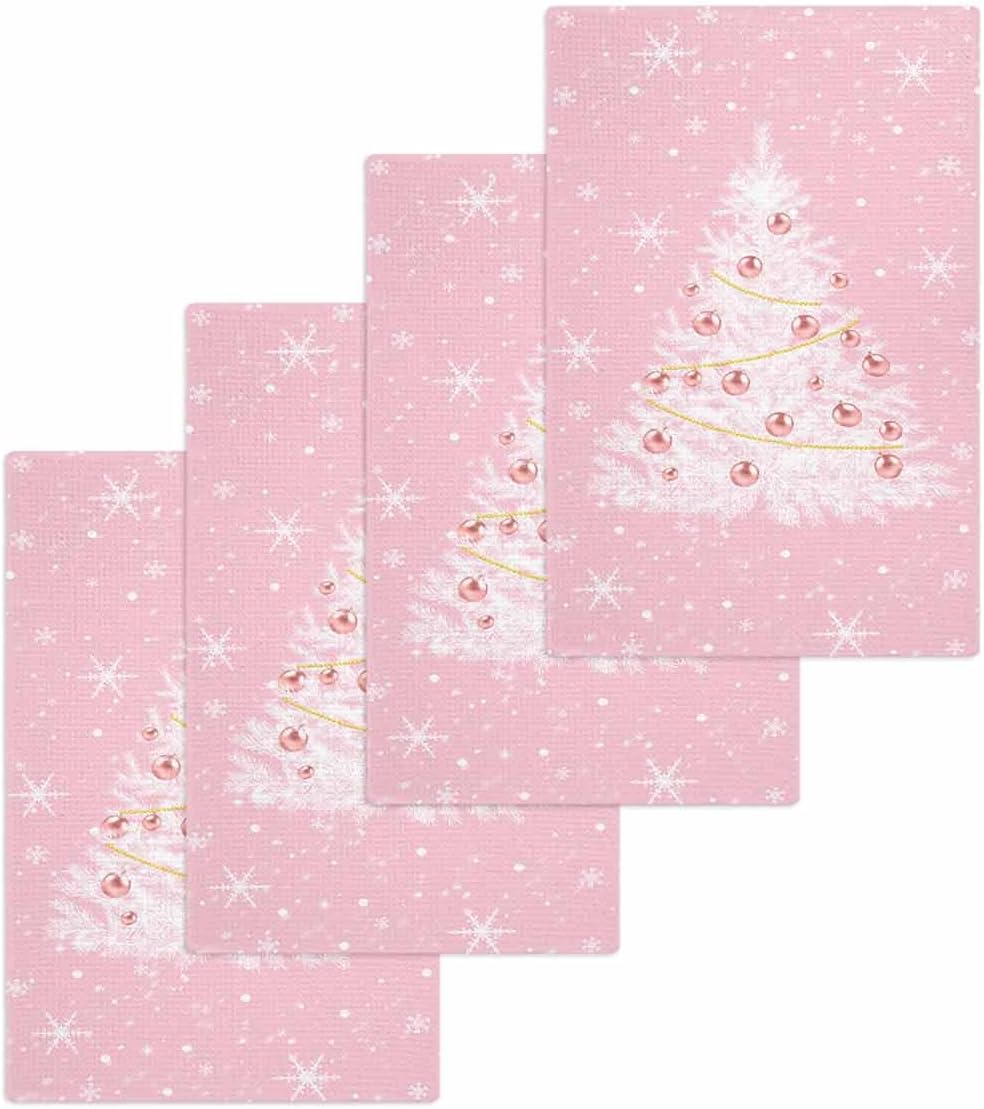 Set of Kitchen Waffle Weave Towels for Christmas with Tree Print