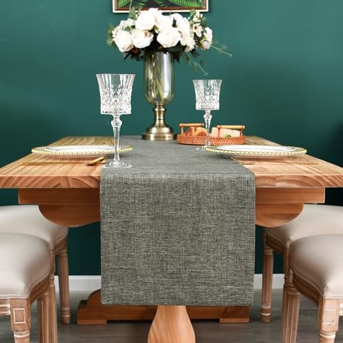 NEWISHER Farmhouse Rustic Table Runner 13x48-inch Dark Grey Faux Linen Table Runner