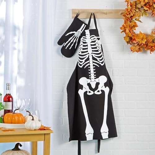 Dreadful Delights Halloween Cooking Apron Oven Mitt Set Skeleton 2 Piece