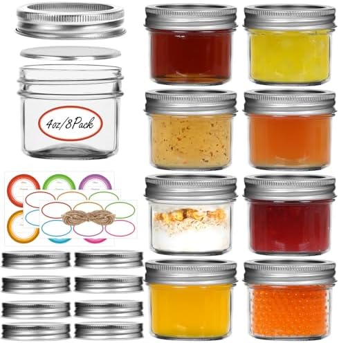 Haneye Small Mason Jars 8-Pack 4oz Glass with Regular Lids
