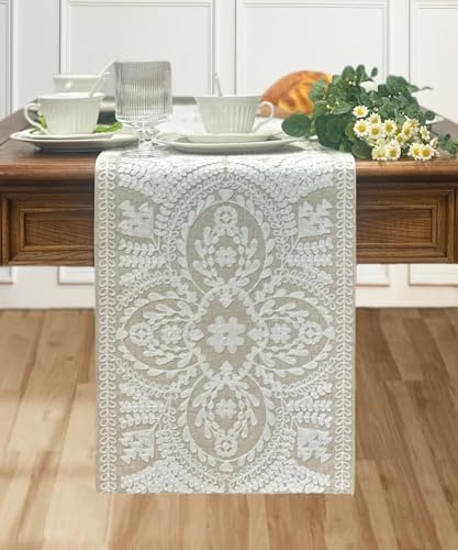 KEVA Boho Table Runner 72 inches Rustic Farmhouse Linen with Embroidered Design