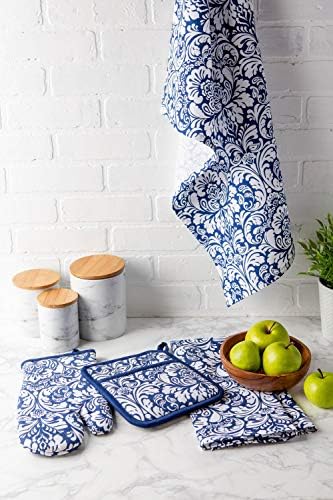 DII Quilted Kitchen Oven Mitt Potholder Set Nautical Blue Damask Print Two-Piece