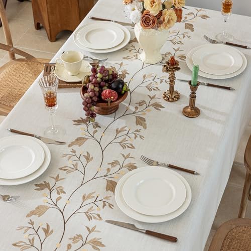 55x 120 Rustic Waterproof Linen Tablecloth - Heavy Weight Beige with Coffee Leaves Embroidery