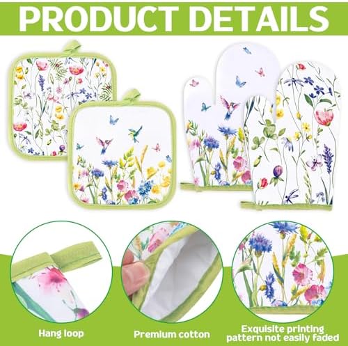 Stylish Spring Floral Kitchen Towels Pot Holders Oven Mitts Set