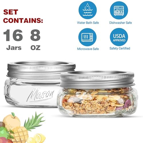 16 Pack 8 oz Wide Mouth Mason Jars with Silver Lids Bands