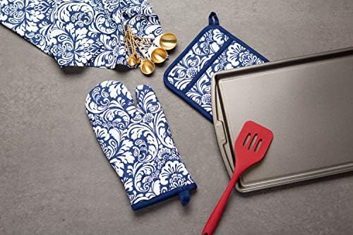 DII Quilted Kitchen Oven Mitt Potholder Set Nautical Blue Damask Print Two-Piece
