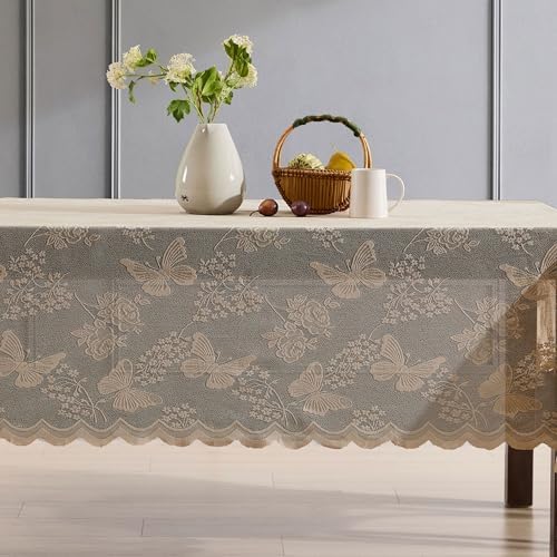 HLCME Butterfly Floral Lace Tablecloth 36 Round Linen Taupe
