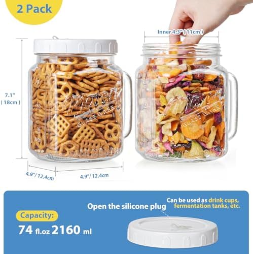 2 Pack 74 oz Glass Mason Jars with Wide Mouth