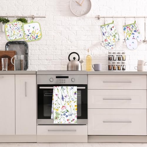 Stylish Spring Floral Kitchen Towels Pot Holders Oven Mitts Set