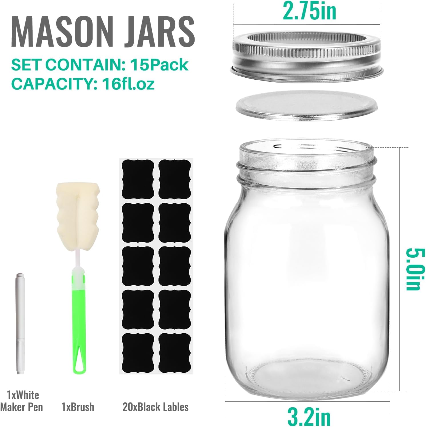 16oz Glass Mason Jars Set Eco-Friendly with Bands 15 Pack