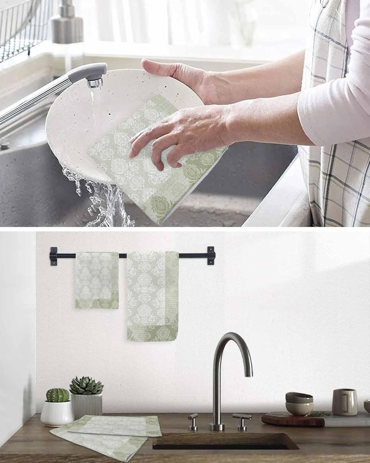 Sage Green Damask Hand Towels Set 4 Piece