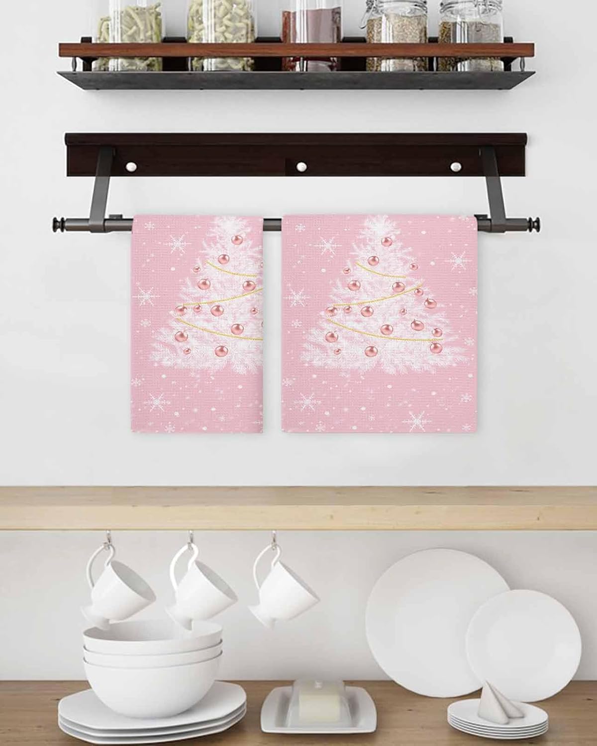 Set of Kitchen Waffle Weave Towels for Christmas with Tree Print