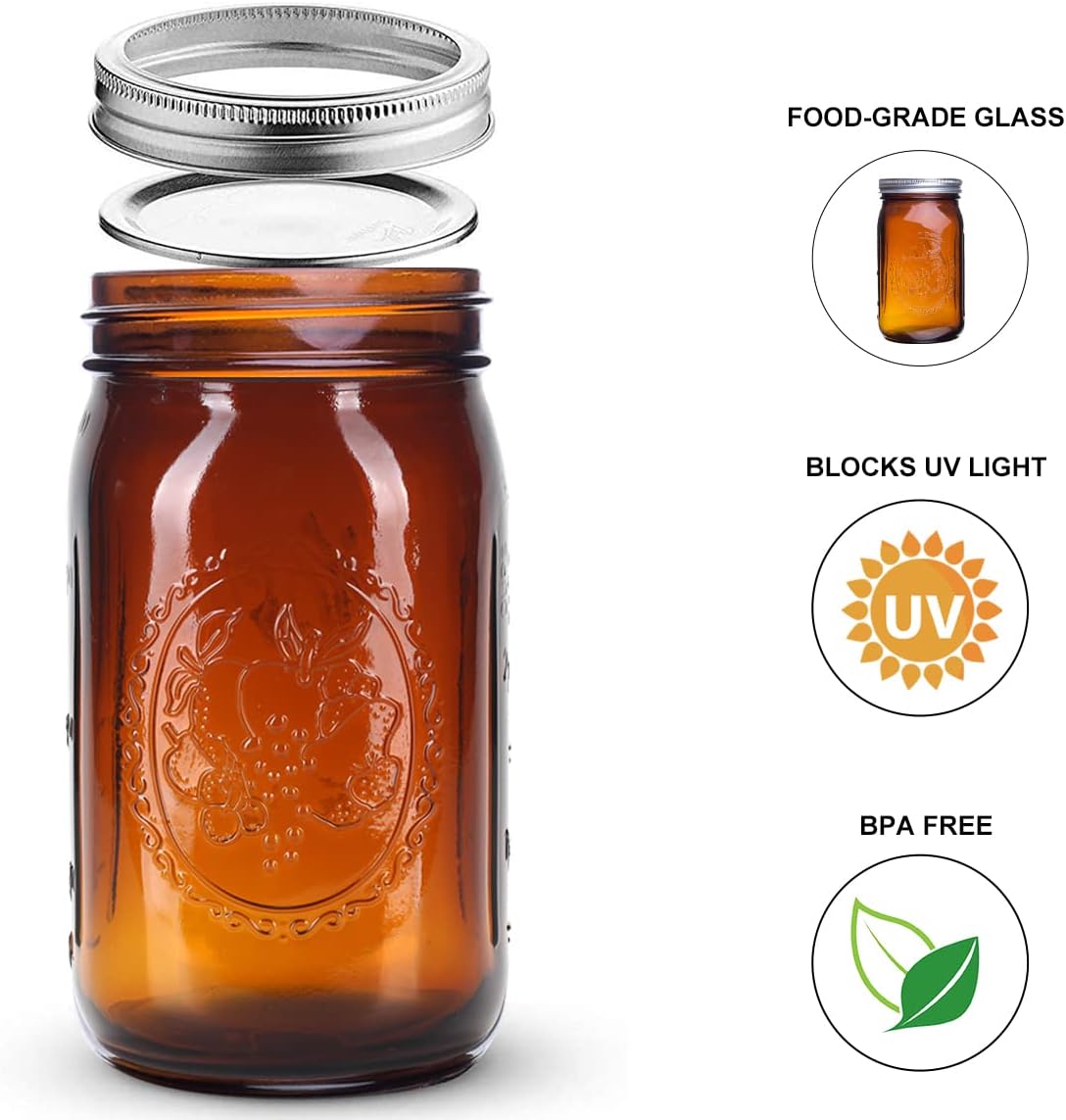 Eleganttime Amber Glass Mason Jars 32 oz Wide Mouth 6-Pack