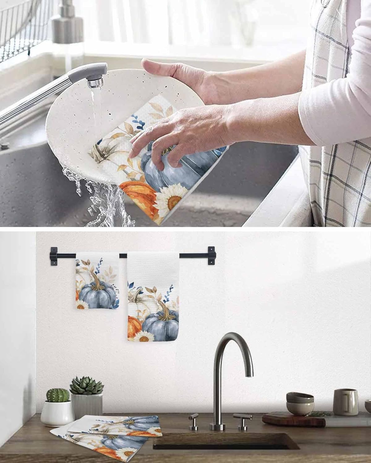 HABTUCYOrange Blue White Pumpkins Dish Towel Set Waffle Weave 2-Piece