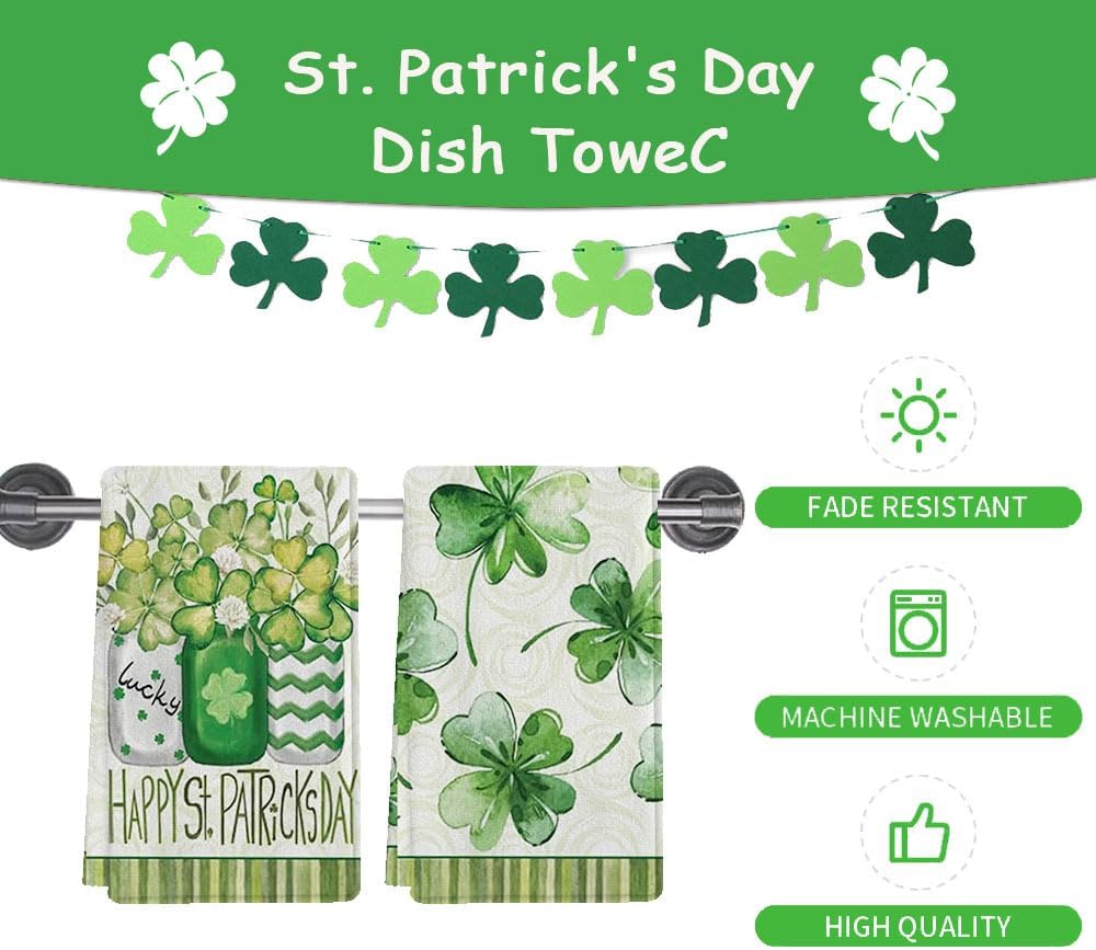 St Patricks Day Kitchen Dish Towels Set of 2 Four-Leaf Clover Design